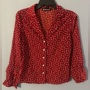 Allegra K Red Blouse with White Heart Pattern